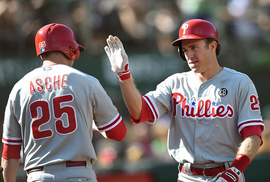 Cody Asche and Chase Utley Photograph by Thearon W. Henderson