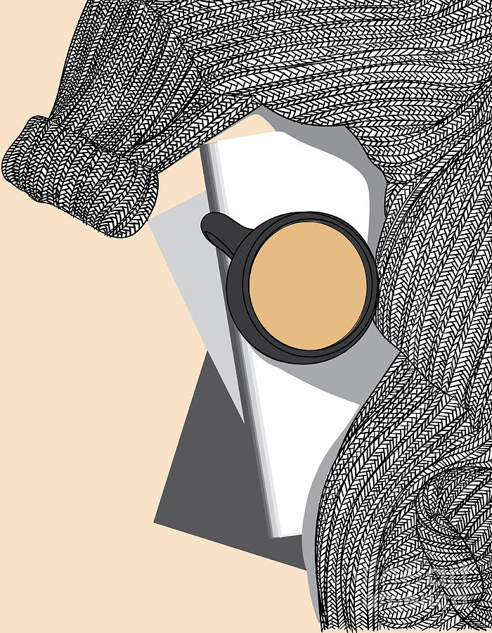Coffee And A Sweater Top View - Line Art Graphic Illustration Artwork Digital Art by Sambel Pedes