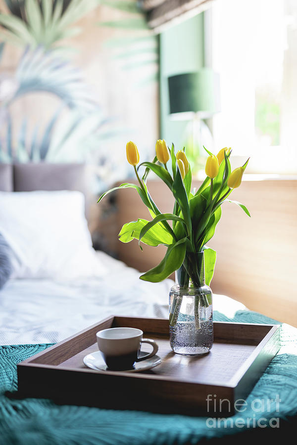 Coffee and flowers on bed tray in elegant bedroom Photograph by Michal Bednarek