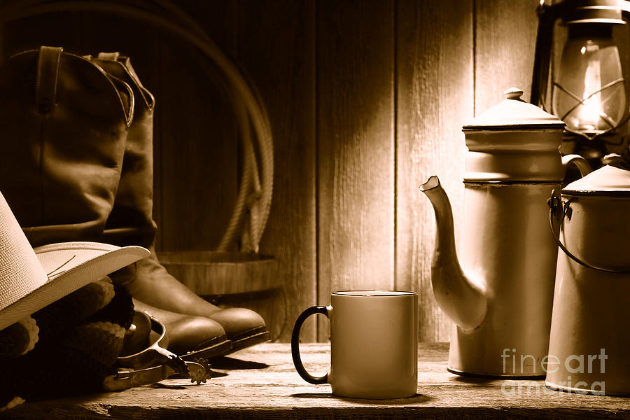 Coffee at the Ranch - Sepia Photograph by Olivier Le Queinec