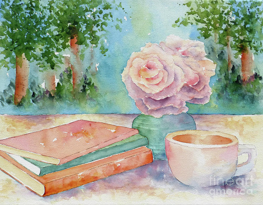 Coffee Books And Roses In The Great Outdoors Painting by Pat Katz