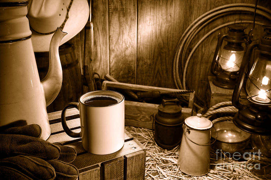 Coffee Photograph - Coffee Break at the Chuck Wagon - Sepia by Olivier Le Queinec