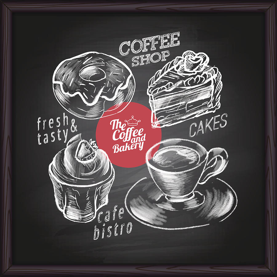 Coffee cafe menu and bakery on chalkboard Drawing by Forest_strider