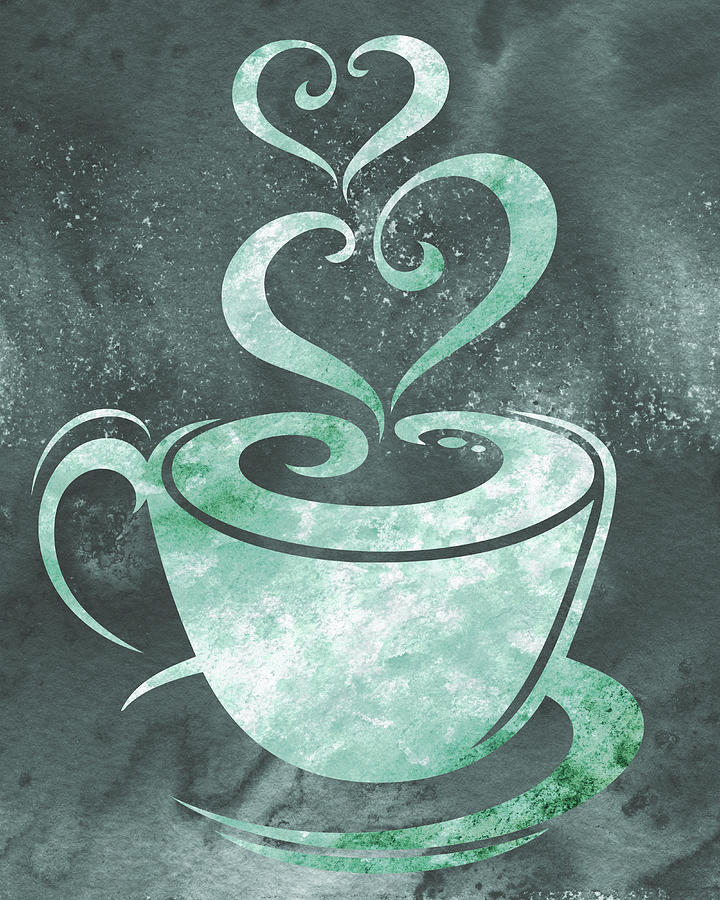 Coffee Cup With Two Sweet Hearts Delicious Teal Blue Watercolor III Painting by Irina Sztukowski