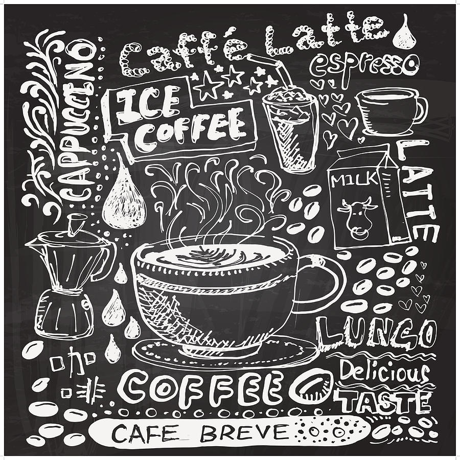 Coffee elements sketch in black and white Drawing by LokFung