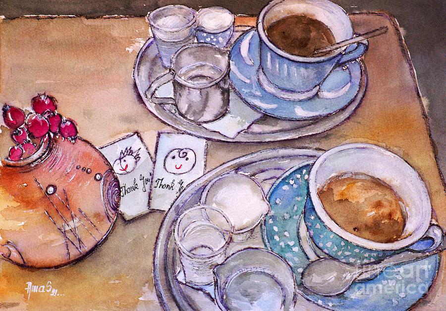 Still life with Coffee in CAFE KAFICKO Prague watercolour Painting by Amalia Suruceanu