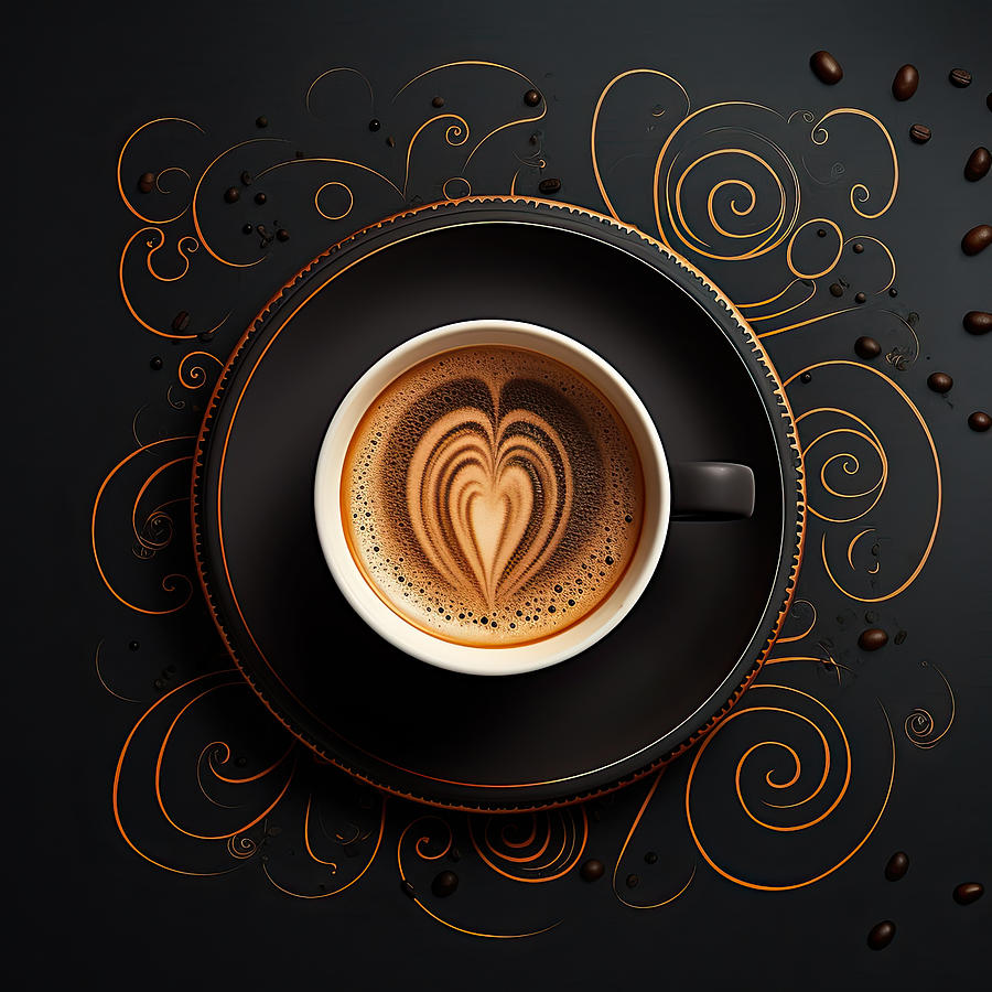 Coffee Painting - Coffee Love - Black and Gold Kitchen Decor by Lourry Legarde