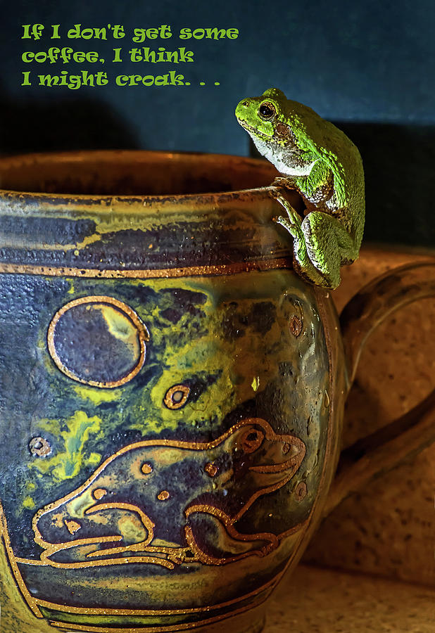 Coffee Loving Frog - Humorous - green tree frog on a frog coffee mug begging for coffee Photograph by Peter Herman