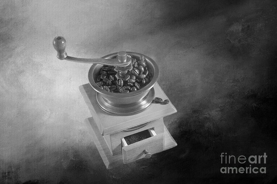 Coffee Bean Photograph - Coffee Mill and Coffee Beans BW by Elisabeth Lucas