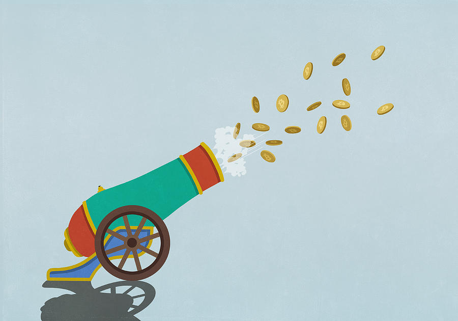 Coins flying from exploding cannon Drawing by Malte Mueller