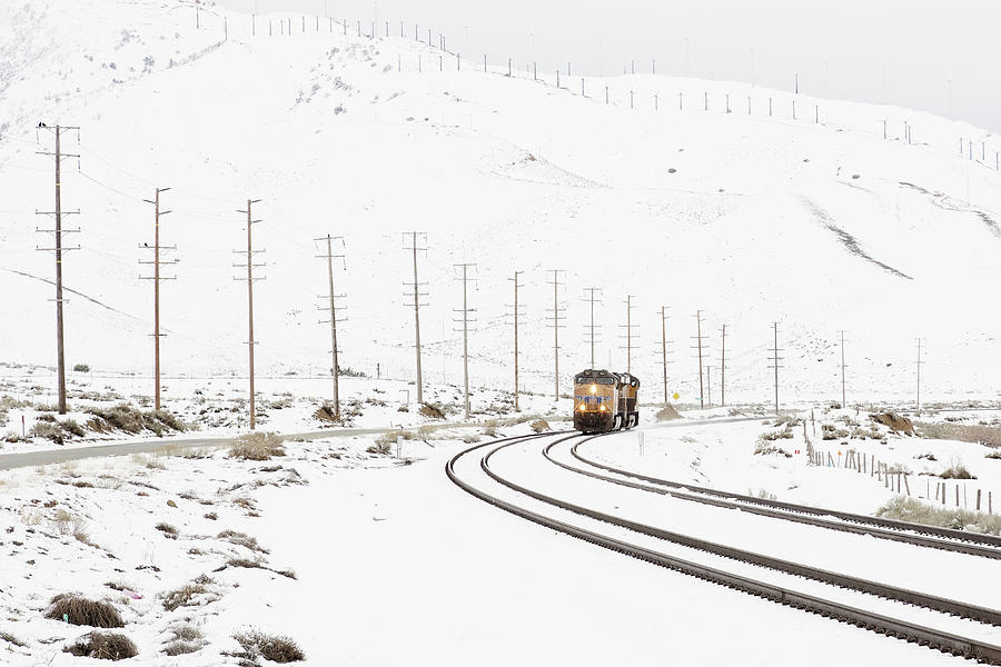 Cold and Lonely -- Union Pacific Locomotive in Snow in Monolith, California Photograph by Darin Volpe