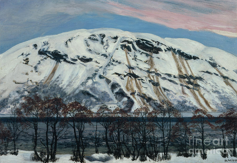 Cold april morning with avalanche, Snow mountain Painting by O Vaering by Nikolai Astrup