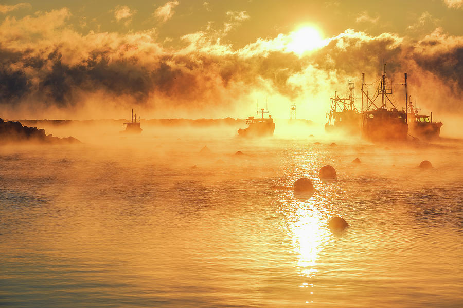 Cold Harbors, Fishing Boats In The Sea Smoke.  Photograph by Jeff Sinon