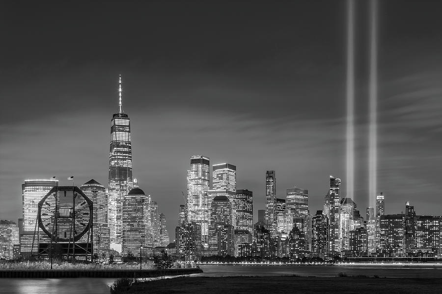 Colgate Clock WTC 911 Lights BW Photograph by Susan Candelario