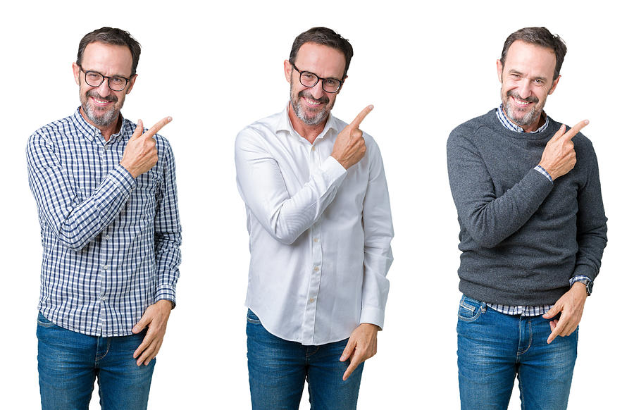 Collage of handsome senior business man over white isolated background cheerful with a smile of face pointing with hand and finger up to the side with happy and natural expression on face Photograph by AaronAmat