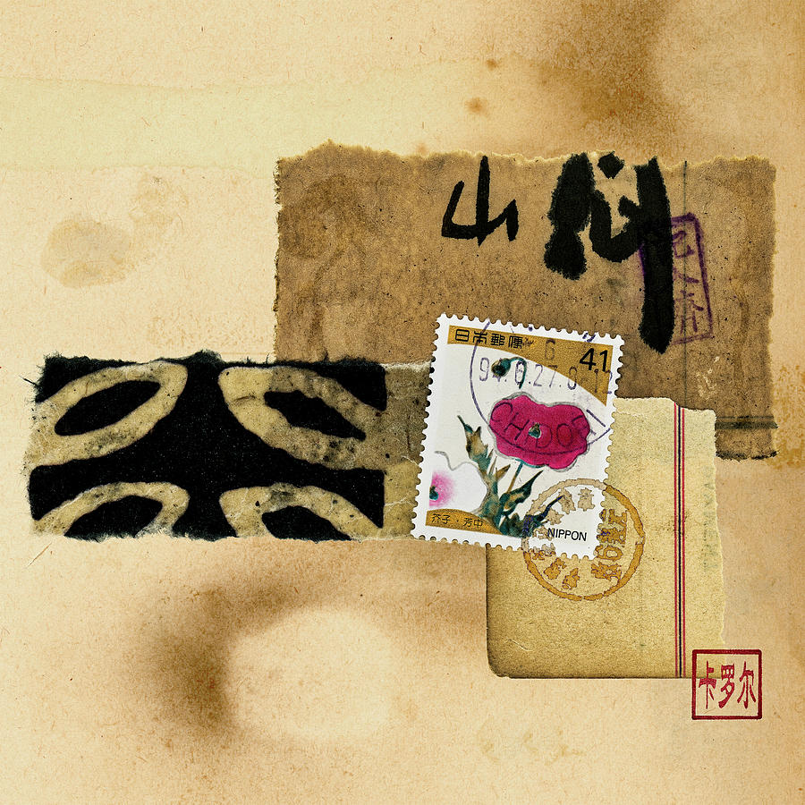 Collage With Red Flower Postage Stamp Mixed Media by Carol Leigh