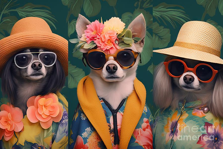 Dog Painting - collection glasses fashion Dog flowers Background hats wearing dogs Cute chihuahua pet animal puppy canino white isolated breed mammal small brown purebred black sitting portrait domestic little by N Akkash