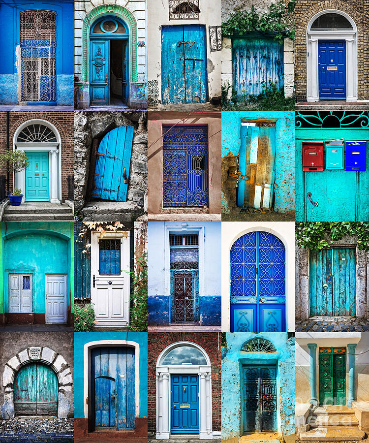 Collection of blue doors, vertical Photograph by Delphimages Photo Creations
