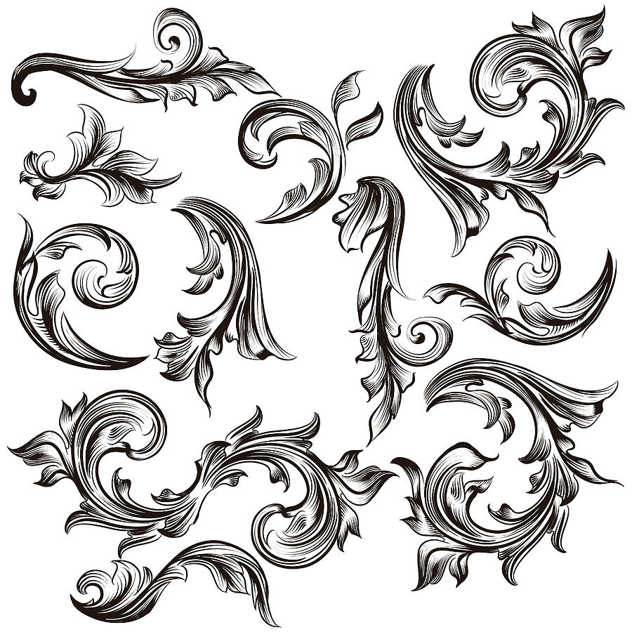 Collection of calligraphic swirls in vintage style Drawing by Mashakotcur