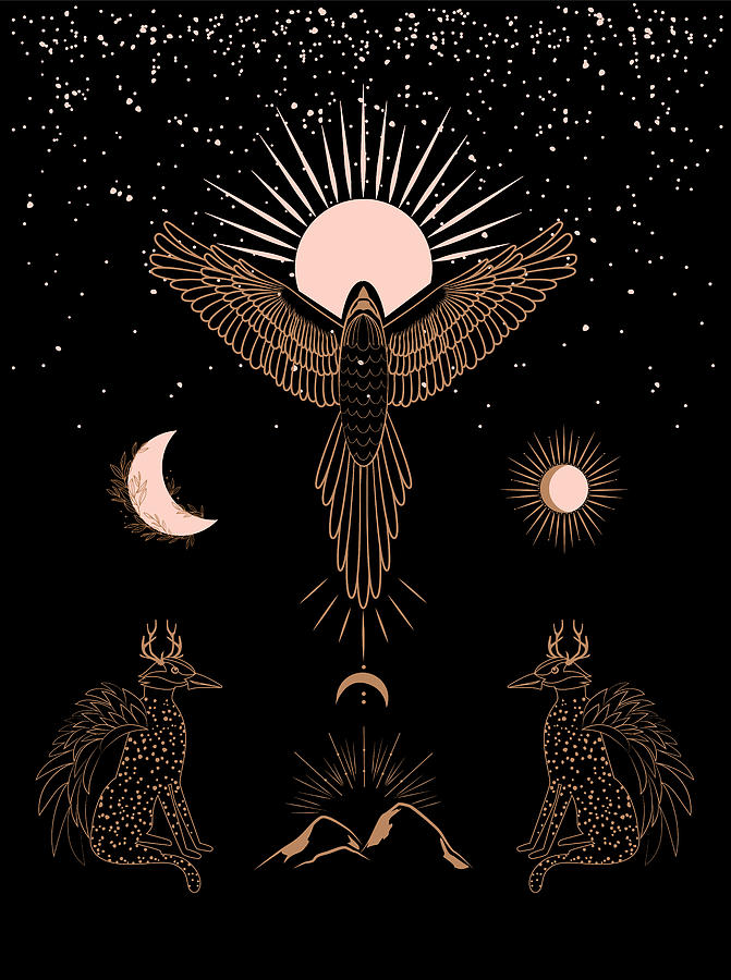 Sunset Drawing - Collection of mythology and mystical illustrations in hand drawn style, fantasy animals, minimal art by Mounir Khalfouf