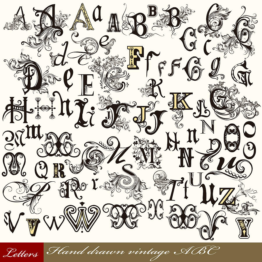 Collection of vector English ABC in vintage style with swirls Drawing by Mashakotcur
