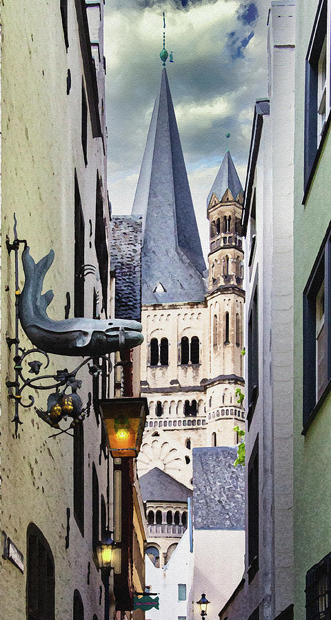 Cologne Alley and Gross St Martin Monastery, Dry Brush on Sandstone Digital Art by Ron Long Ltd Photography