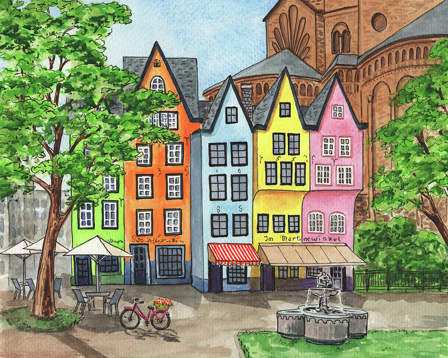 Cologne Germany Colorful Buildings Near Great St Martine Church Painting by Irina Sztukowski