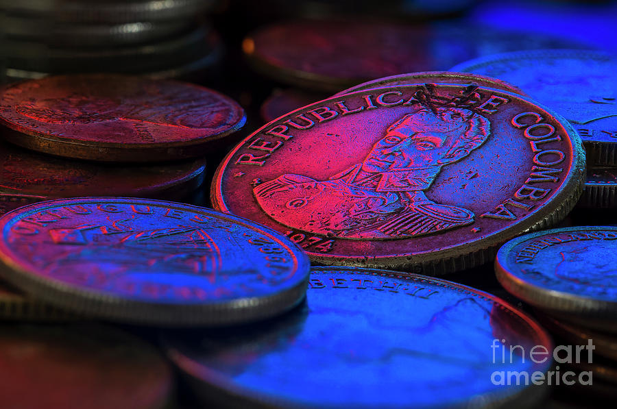 Colombian One Peso Coin 1974 Bolivar Pile of Coins Blue and Magenta Macro Photograph by Pablo Avanzini