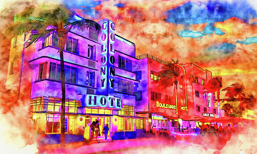 Colony Hotel and Boulevard Hotel on the Ocean Drive in Miami Beach at sunset - pen and watercolor Digital Art by Nicko Prints