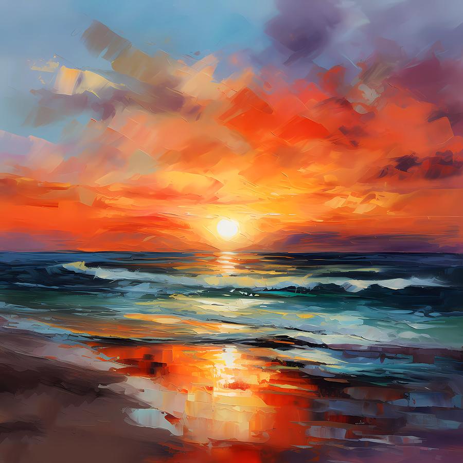 Color beach painting using warm hues to represent a beautiful sunrise ...