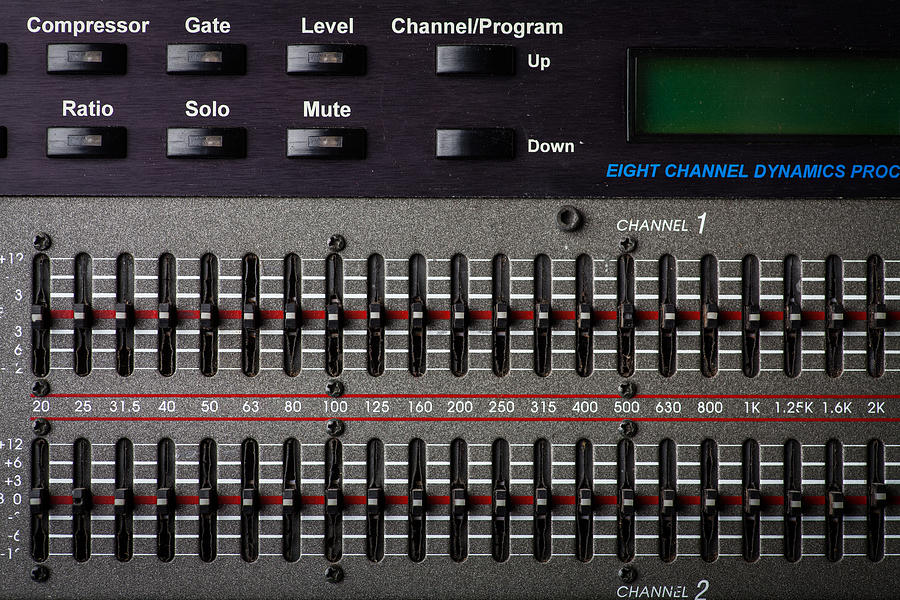 Color Image Of Many Buttons On A Sound Mixer In A Recording Studio. Photograph