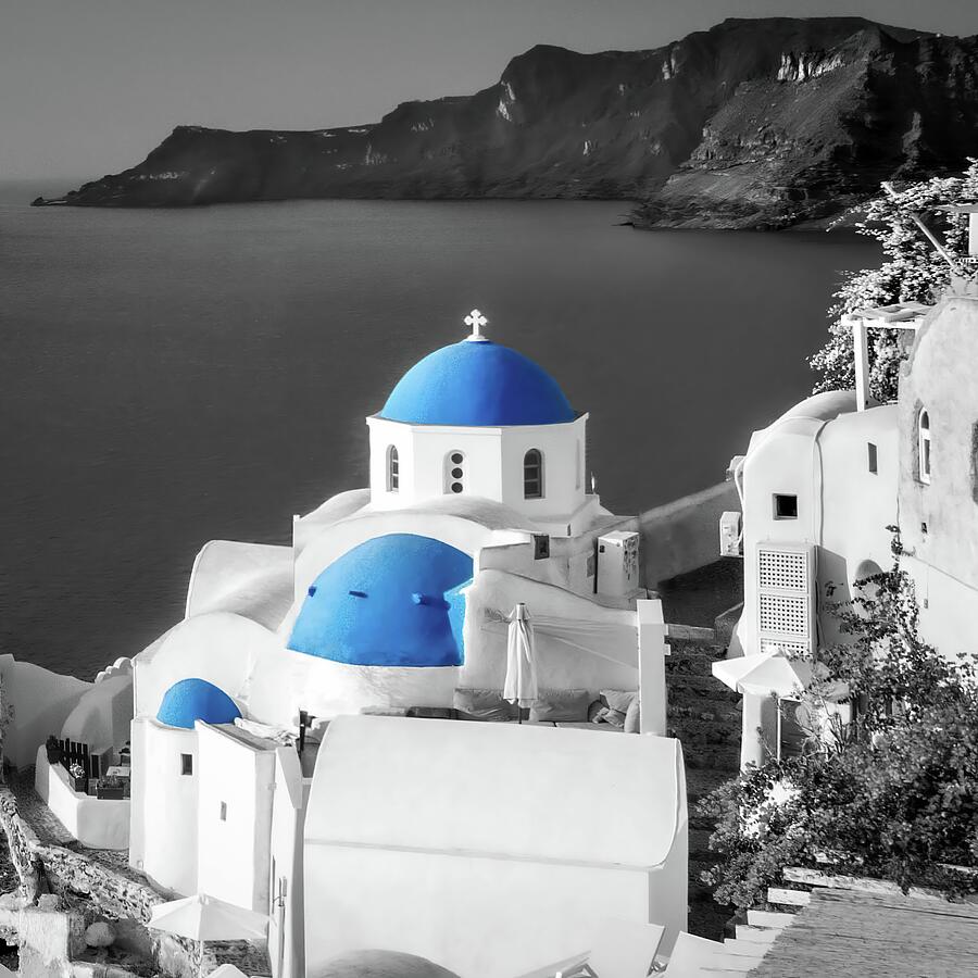 Color Pop - Santorinis Blue Domes Against Grayscale Photograph by Rebecca Herranen Color Pop - Santorinis Blue Domes Against Grayscale Photograph by Rebecca Herranen