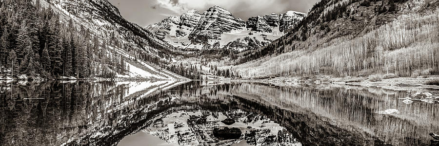 Colorado Maroon Bells Mountain Reflection Panorama - Sepia Edition Photograph by Gregory Ballos