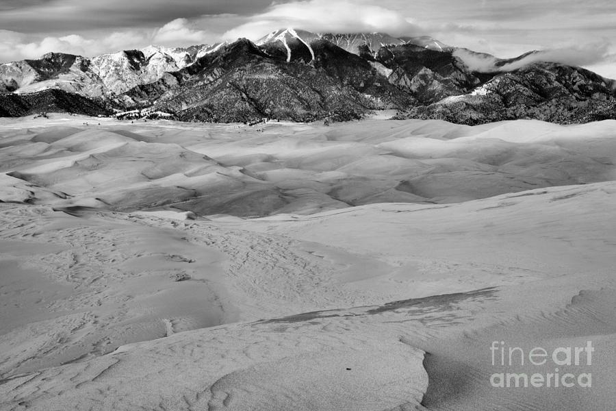 Colorado Sand Dunes And Mountain Peaks Black And White Photograph by Adam Jewell