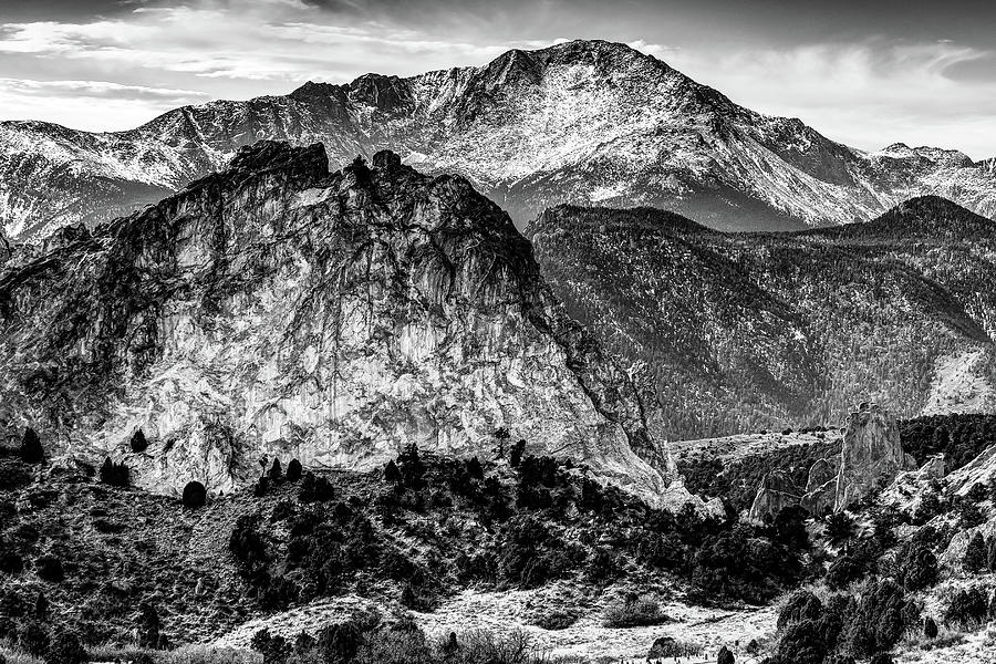 Colorado Springs Pikes Peak and Garden of the Gods in Black and White Photograph by Gregory Ballos