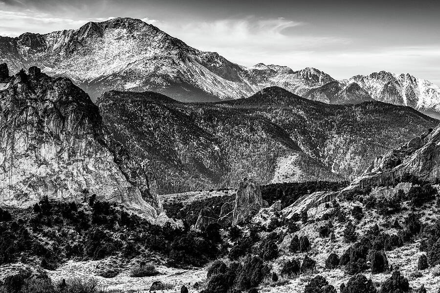 Colorado Springs Pikes Peak and Garden of the Gods - Monochrome Edition Photograph by Gregory Ballos