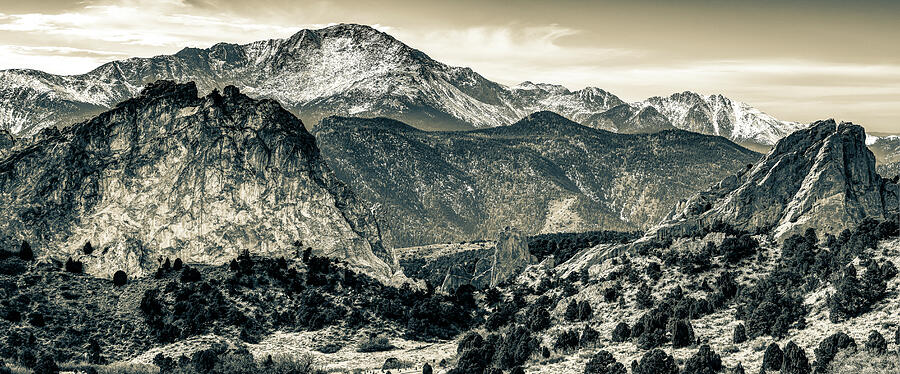 Colorado Springs Pikes Peak And Garden of the Gods Sepia Panorama Photograph by Gregory Ballos