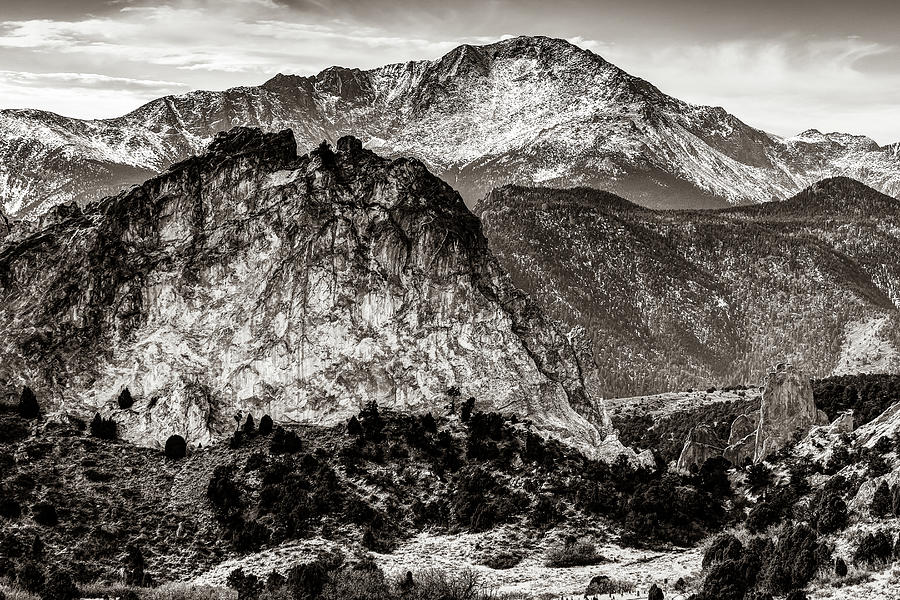 Colorado Springs Photograph - Colorado Springs Pikes Peak Mountain Landscape in Sepia by Gregory Ballos