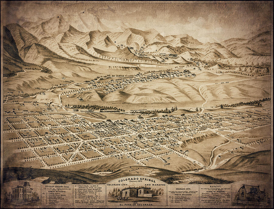 Colorado Springs Vintage Map Birds Eye View 1874 Sepia Drawing by Carol Japp Colorado Springs Vintage Map Birds Eye View 1874 Sepia Drawing by Carol Japp