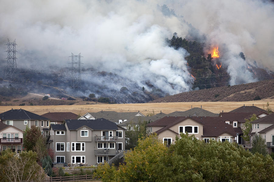 Colorado wild fire burns behind homes Photograph by Milehightraveler