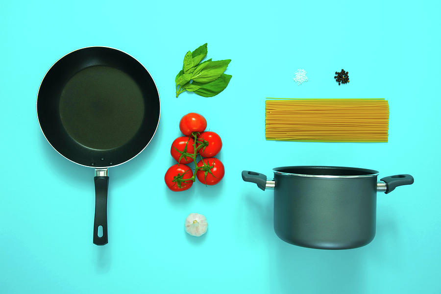 Colorblock Foods no 13 - Making Pasta on Blue Photograph by Beautify My Walls