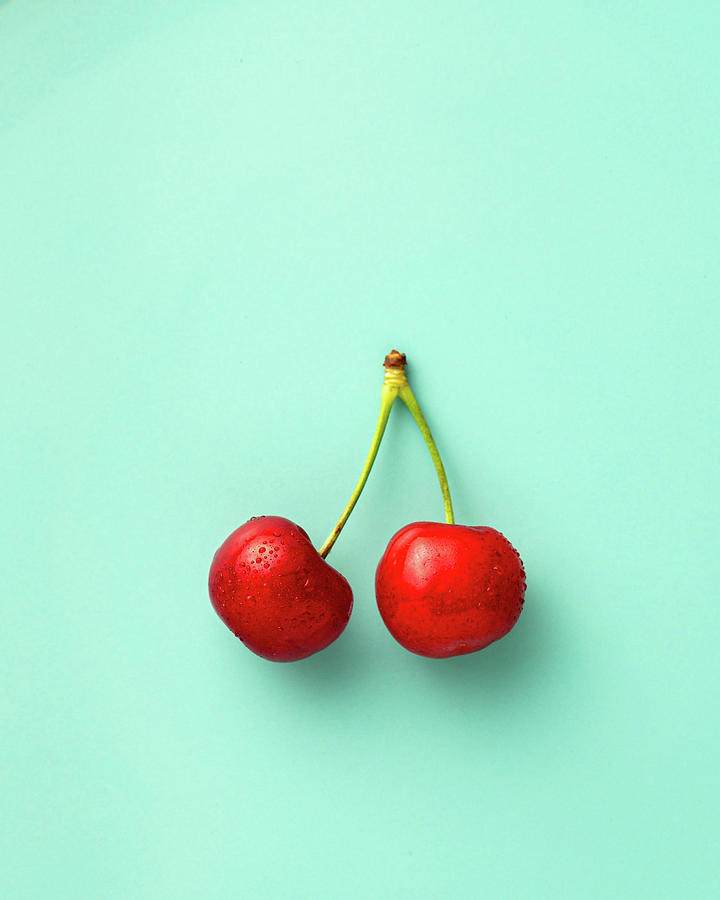 Colorblock Foods no 21 - Cherries on Turquoise Photograph by Beautify My Walls