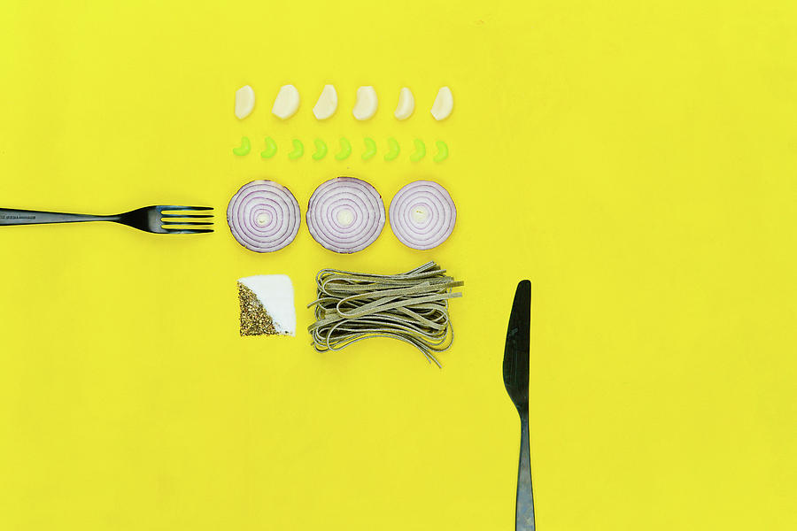 Colorblock Foods no 25 - Pasta on Yellow Photograph by Beautify My Walls
