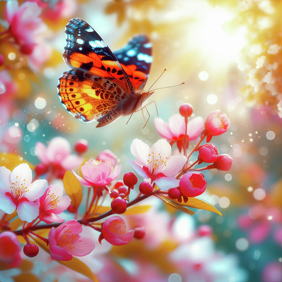 Colored butterfly flying above cherry blossoms Photograph by Michalakis Ppalis