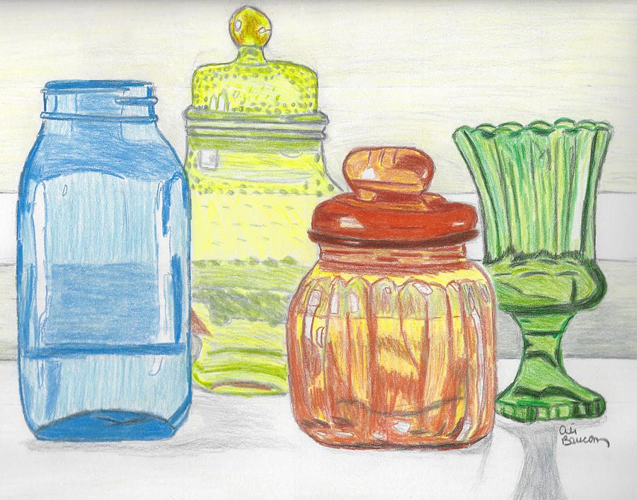 Colored Glass Jars with and without Lids Drawing by Ali Baucom