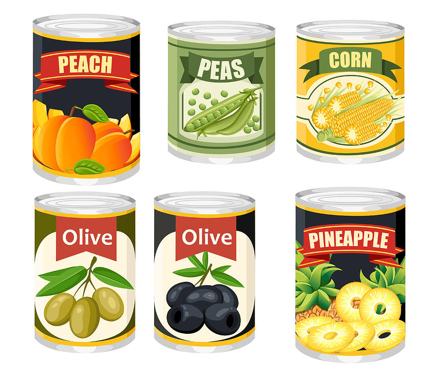 Colored icon collection Food in aluminum can. Canned fruits and olives. Product for supermarket and shop. Flat vector illustration isolated on background Drawing by Alfadanz