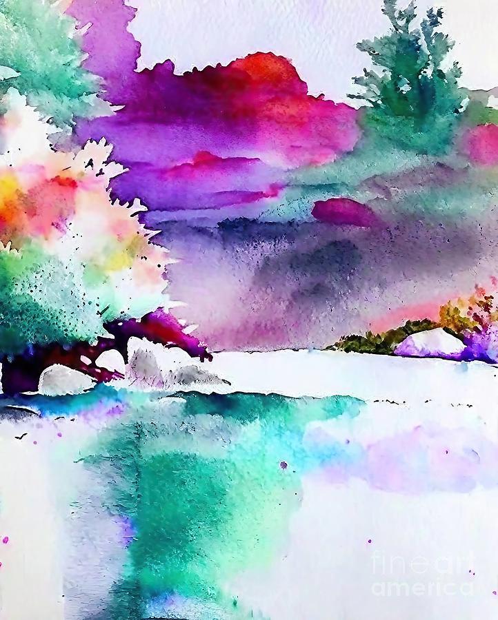 Tree Painting - colored world Painting trees water watercolour wet technique ink landscape nature abstract art artist artistic artwork backdrop background beautiful beauty blue bright brush coast color colorful by N Akkash
