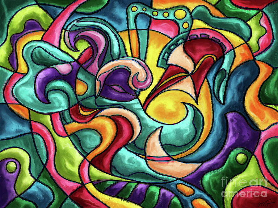 Colorful abstract elephant, music painting Painting by Nadia CHEVREL
