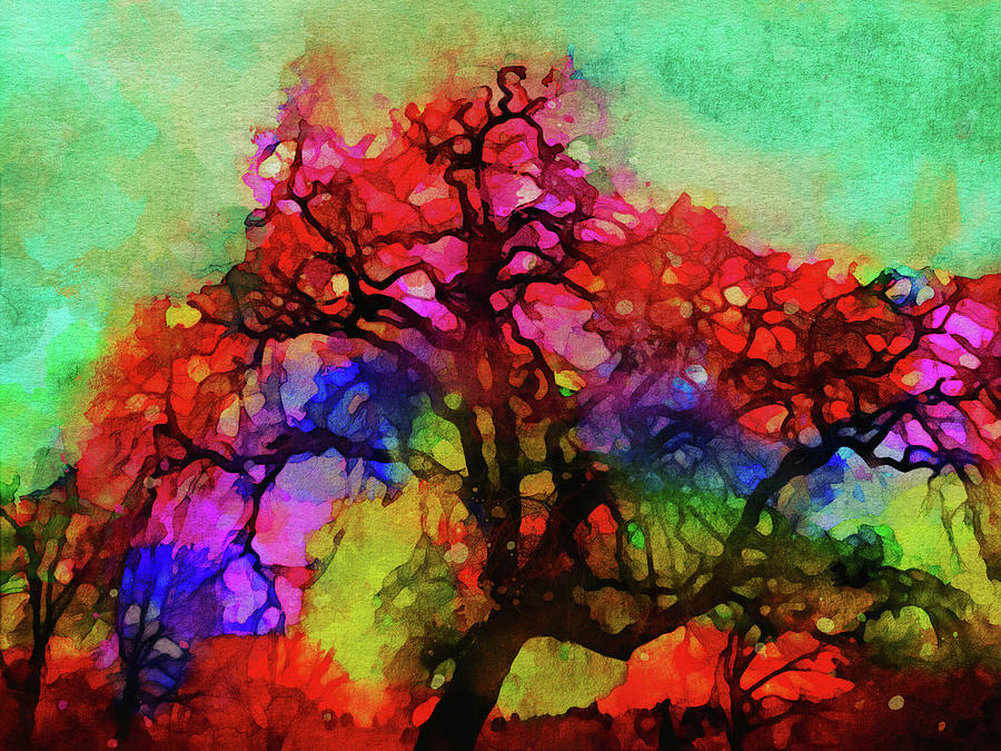 Colorful Abstract Impressionist Oak Tree Mixed Media by Peggy Collins