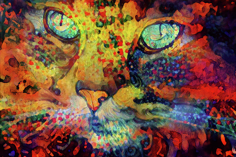 Colorful Abstract Maine Coon Cat Watercolor Digital Art by Peggy Collins